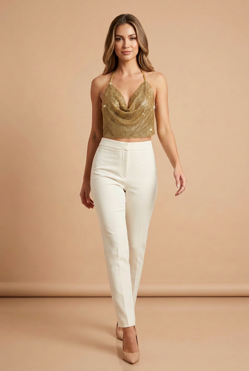 Gold halter top on full-body woman model