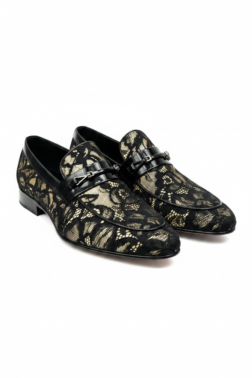 Vercini Black & Gold Floral Lace Horsebit Loafer — Couture Edition