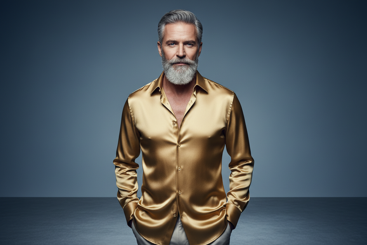 Gold Satin LUST FOR LIFE Shirt - Casual Pose