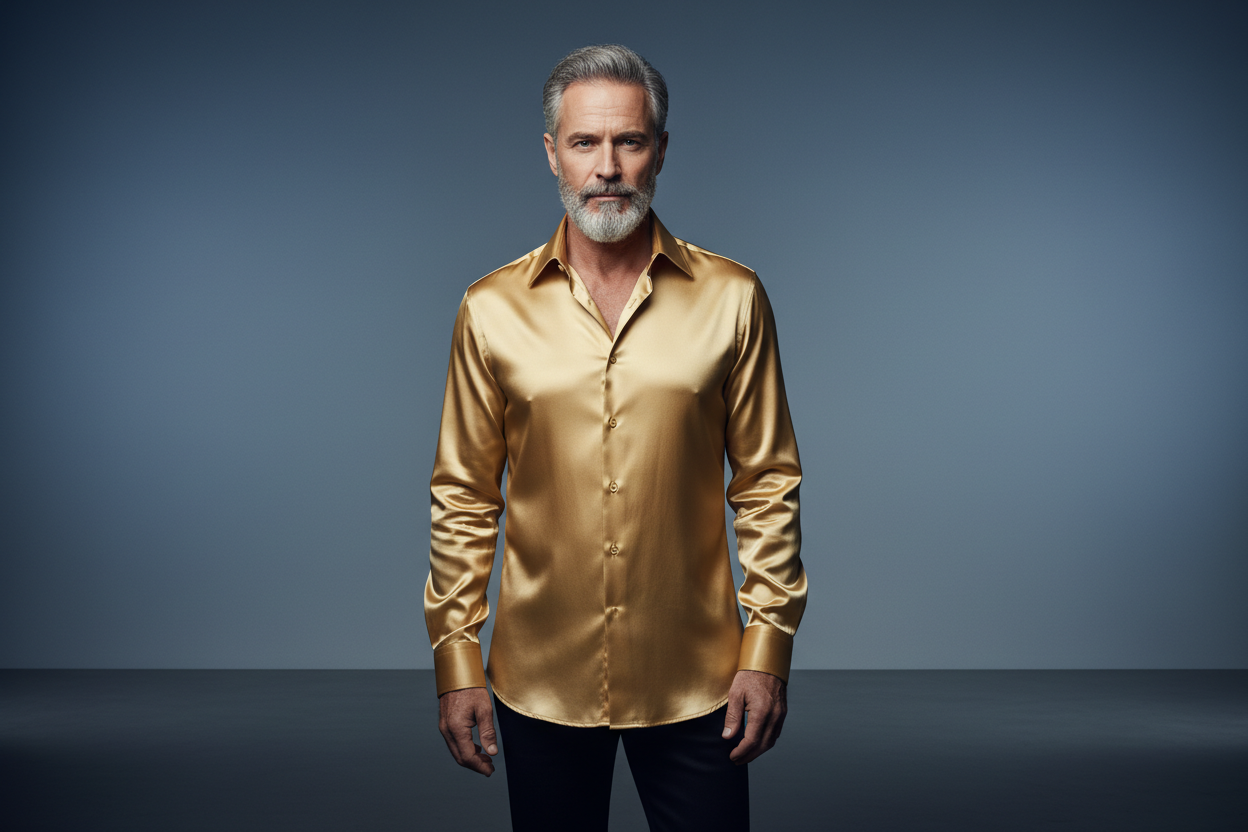Gold Satin LUST FOR LIFE Shirt - Front Pose