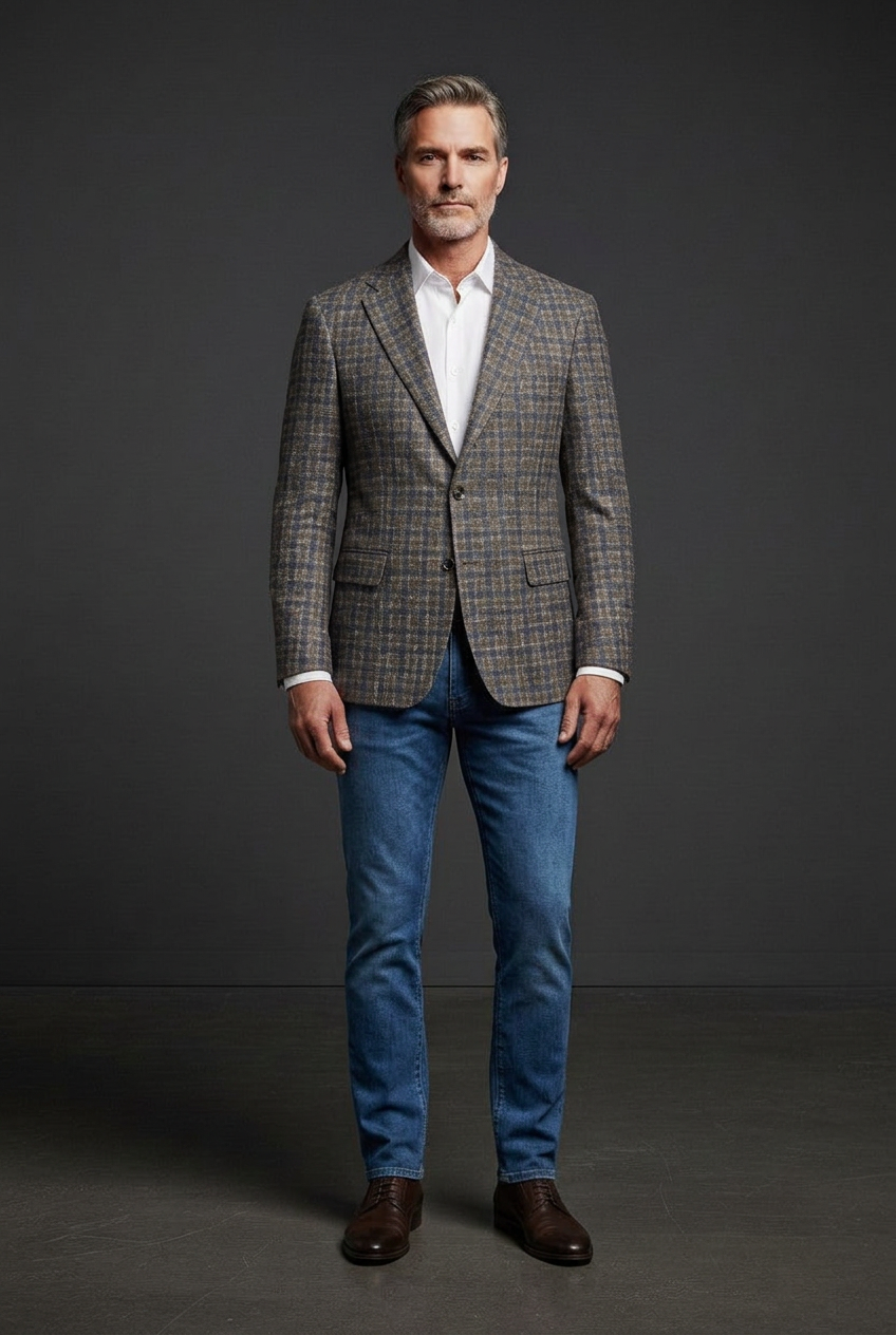 Gray and blue checked jacket with blue jeans