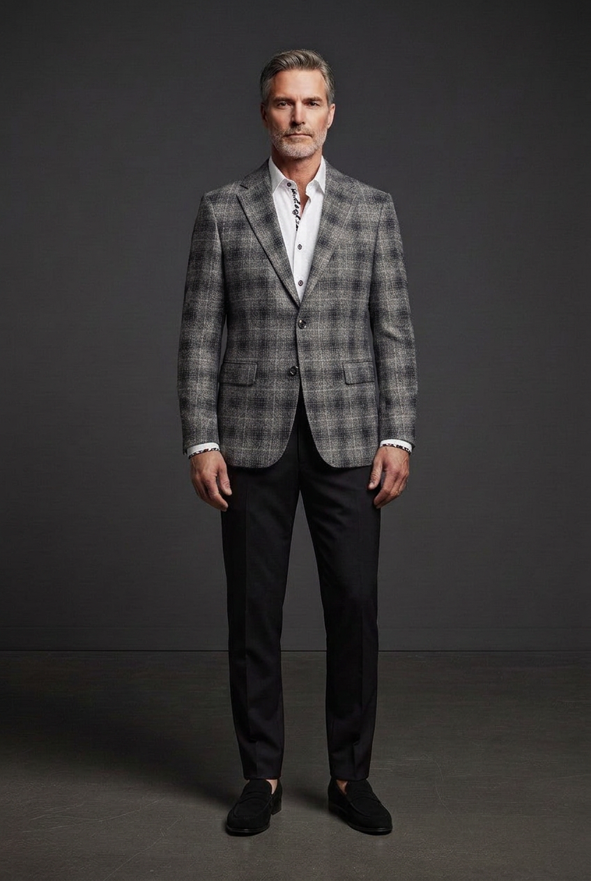 Gray and charcoal plaid jacket with white contrast-detail shirt and black loafers