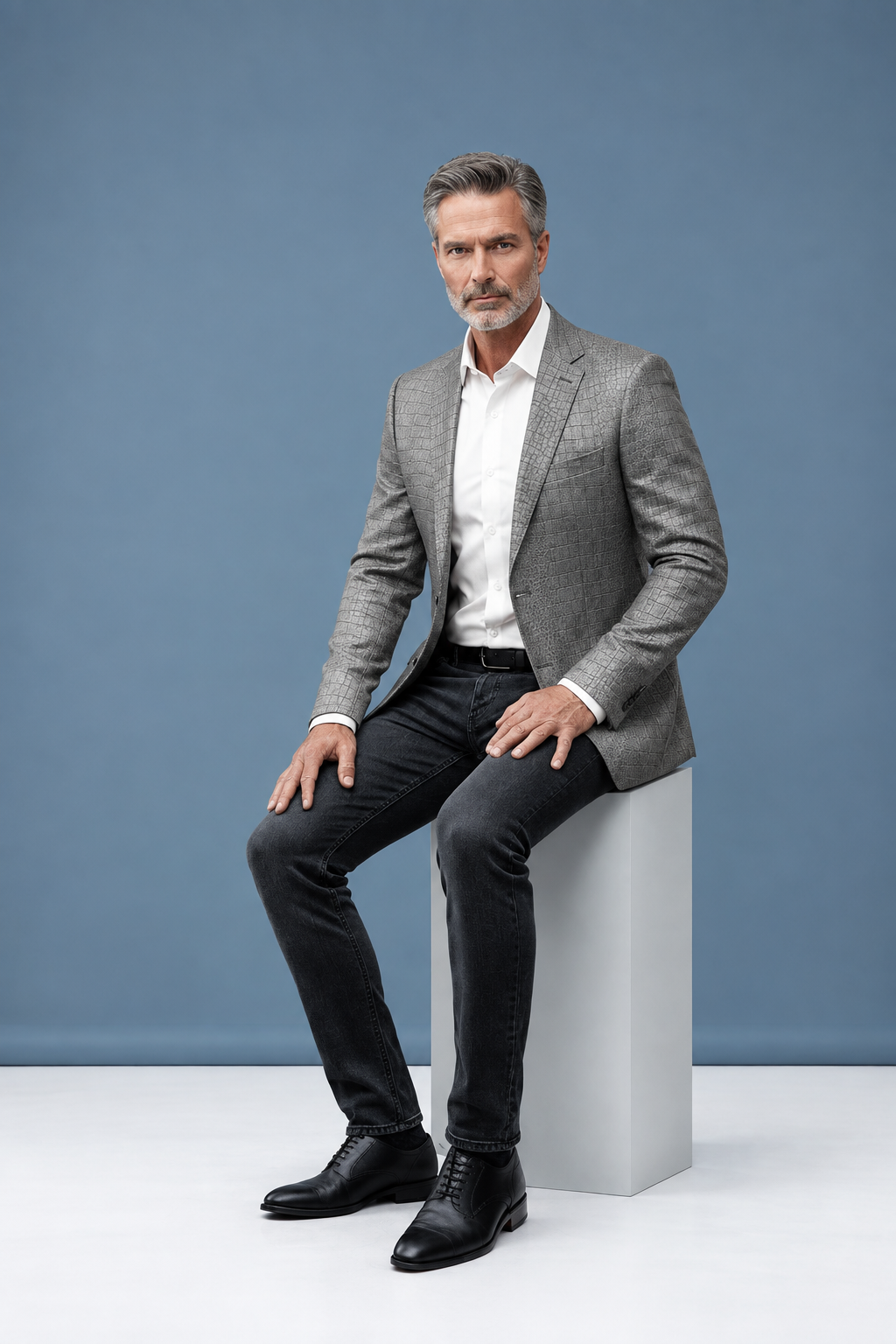 Gray jacket standing pose