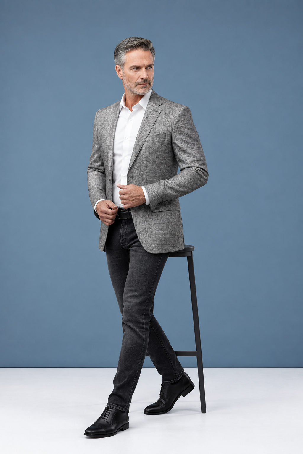 Gray jacket walking pose