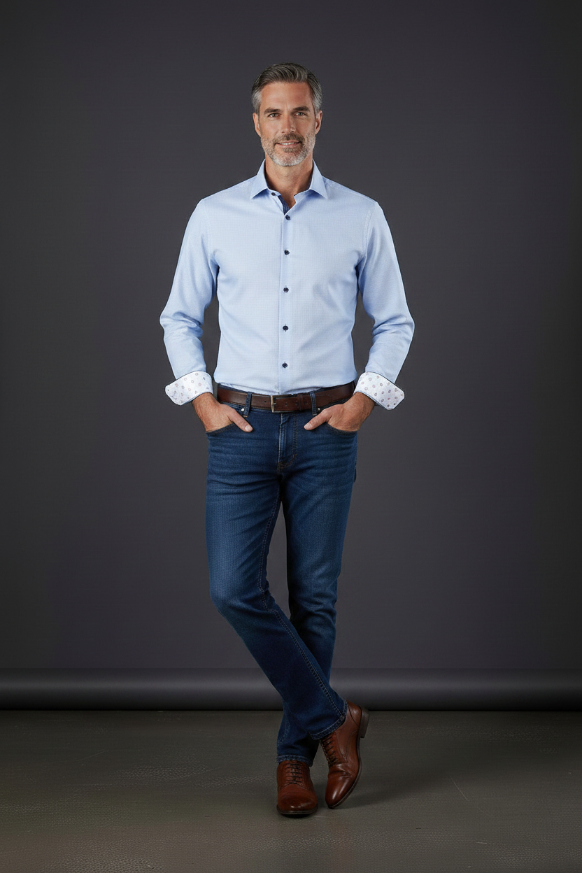 Light Blue Luxury Cotton Dress Shirt with Medallion Contrast Cuffs