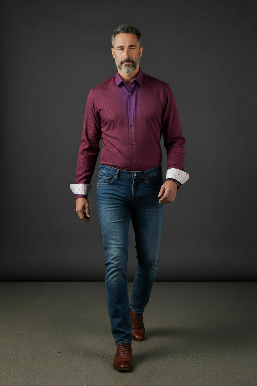 Burgundy Diamond Pattern Dress Shirt - 100% Cotton with Polka Dot Cuff Details