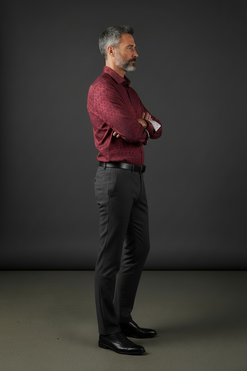 Burgundy Diamond Pattern Dress Shirt - 100% Cotton with Polka Dot Cuff Details