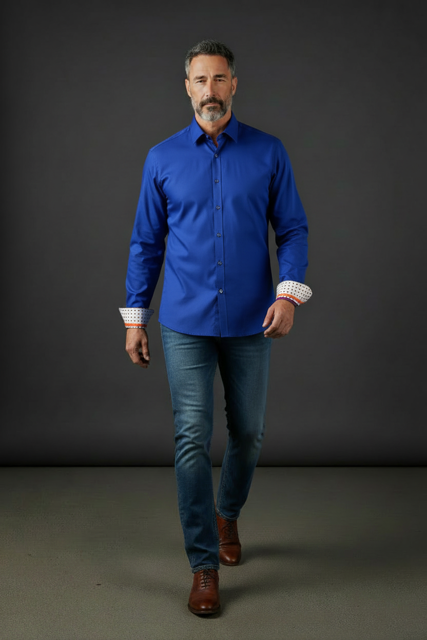 Royal Blue Dress Shirt with Geometric Patterned Cuff Details