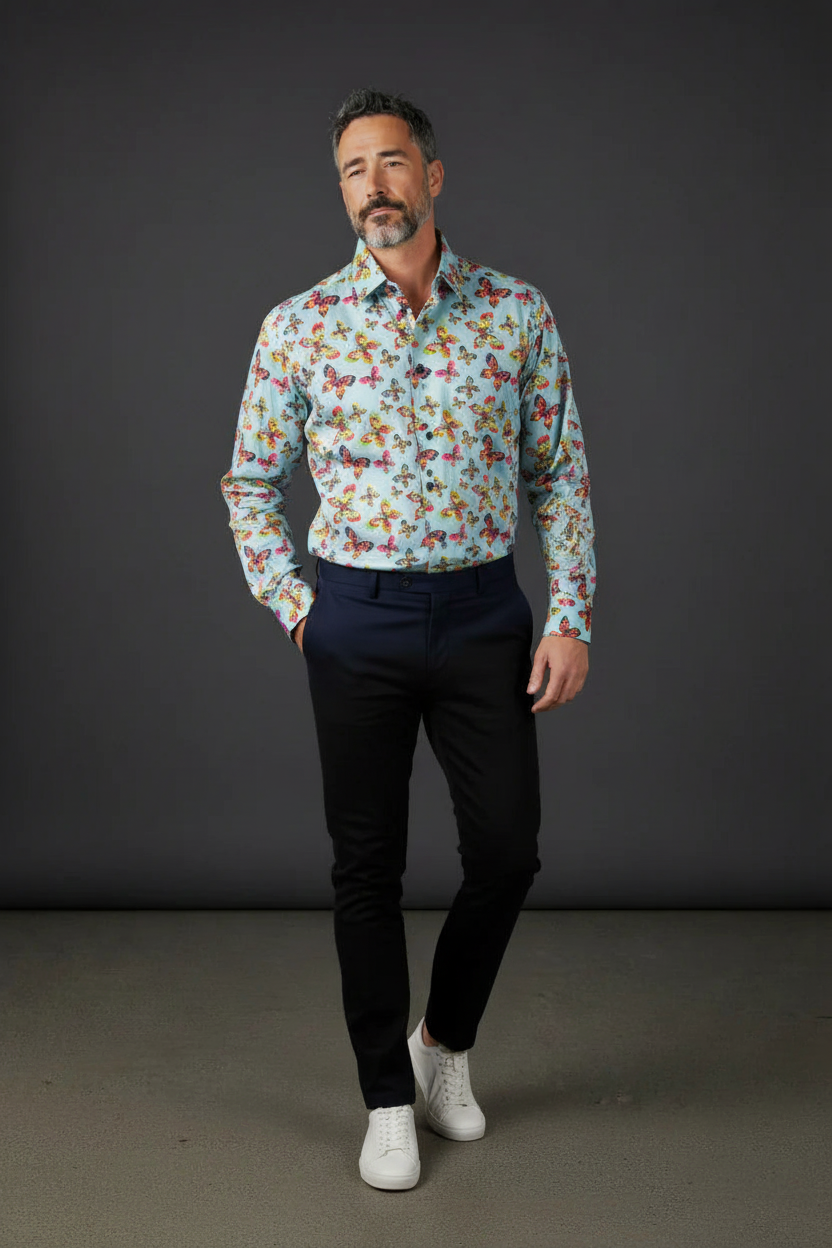 Light Blue Butterfly Print Dress Shirt