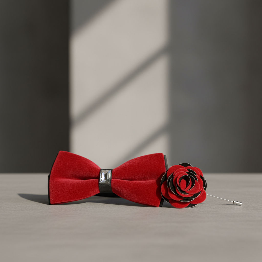 Premium Red Bow Tie & Lapel Pin Set