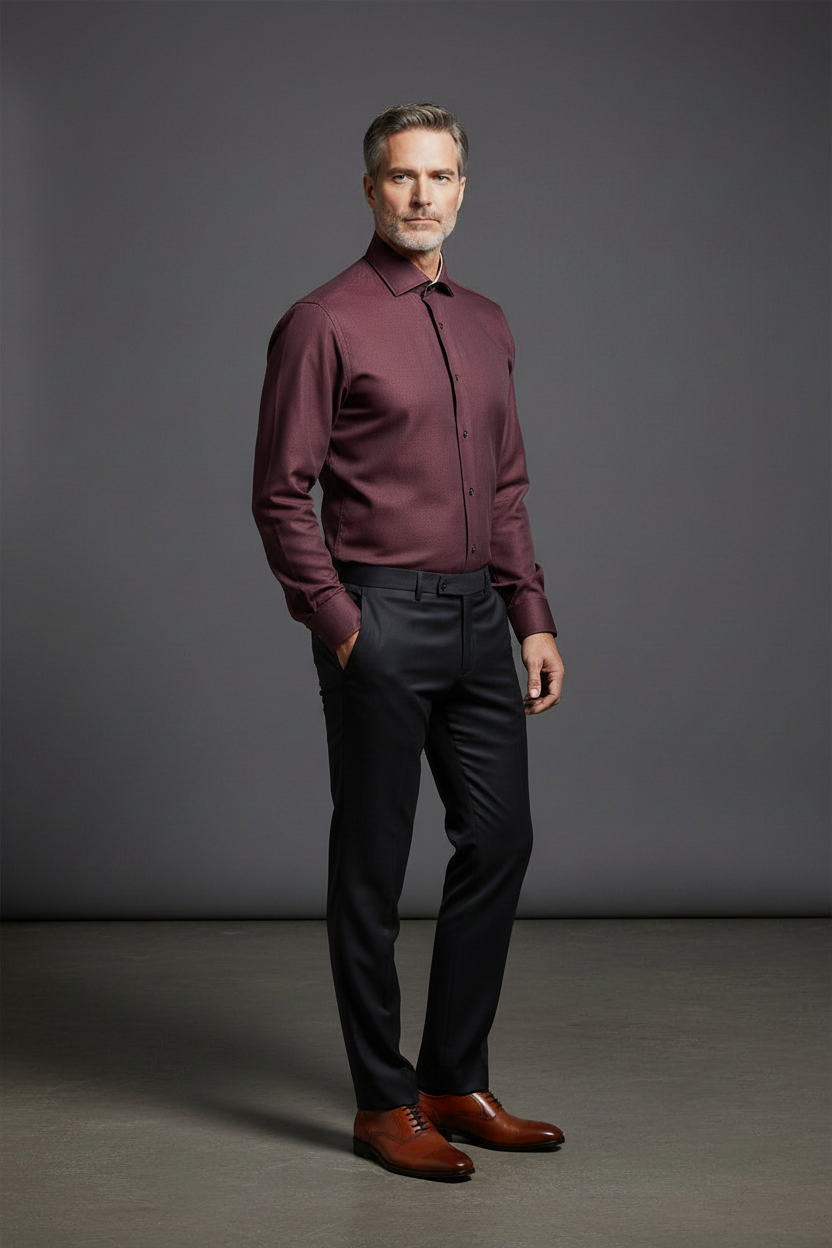 Burgundy Textured Cotton Dress Shirt - Polka Dot Collar Detail