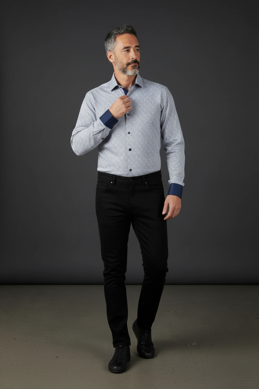Premium Textured Cotton Dress Shirt with Navy Contrast