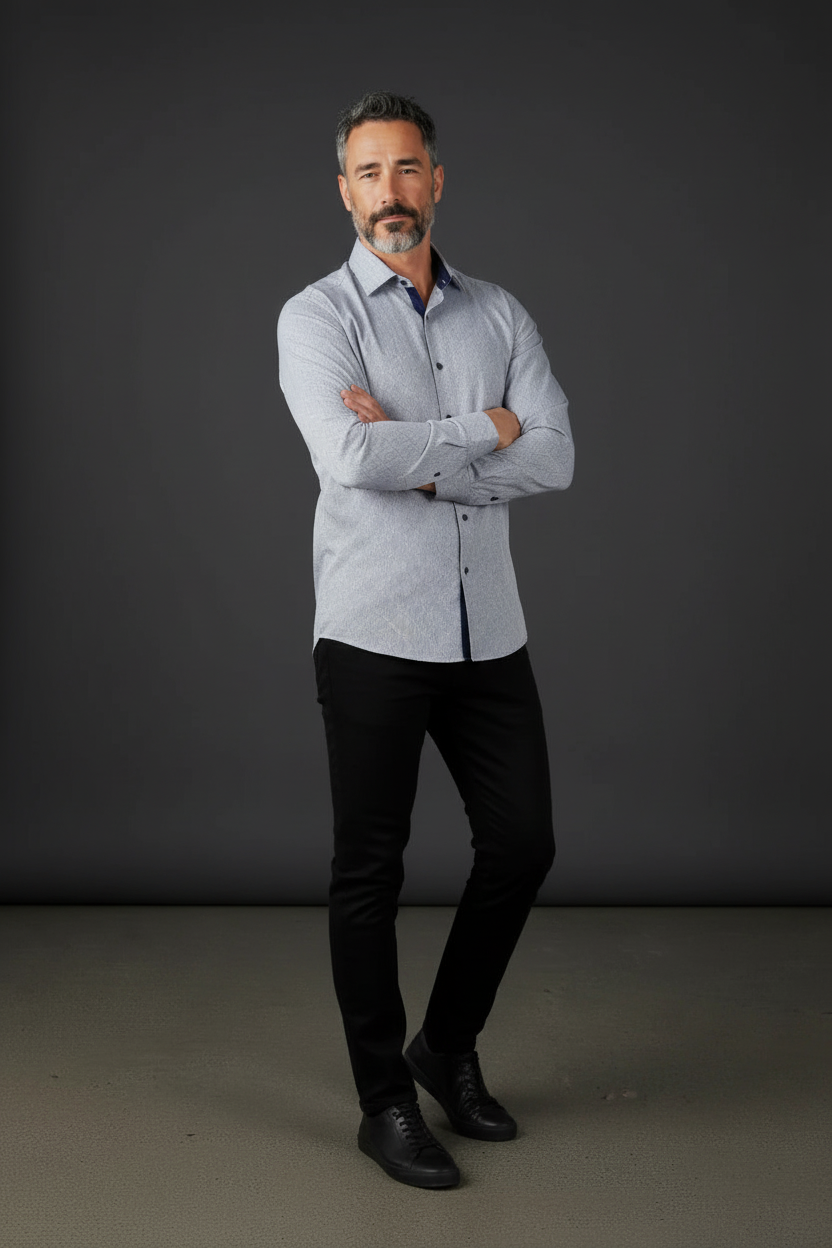 Premium Textured Cotton Dress Shirt with Navy Contrast