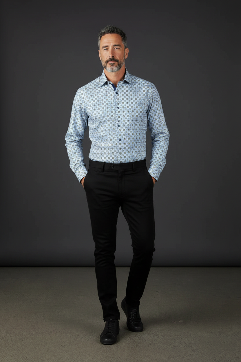 Geometric Medallion Cotton Dress Shirt with Navy Contrast