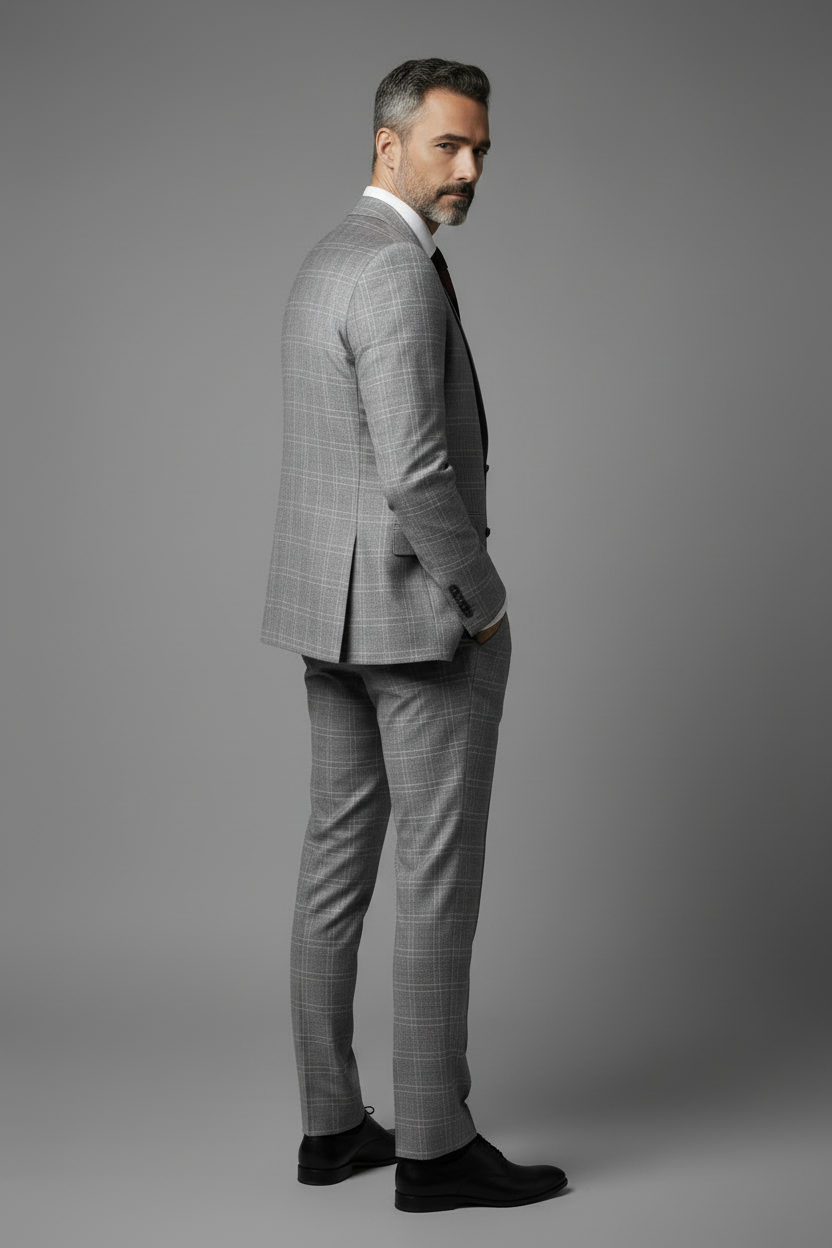 Premium Grey Windowpane Plaid Three-Piece Suit