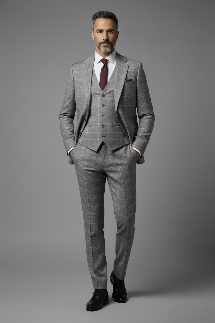 Premium Grey Windowpane Plaid Three-Piece Suit