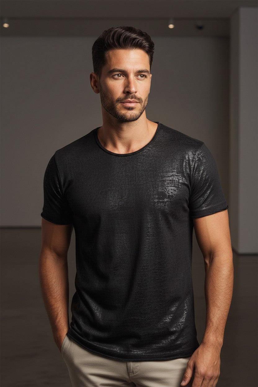 Vercini Black Metallic Foil Crew Neck Tee — Noir Edition