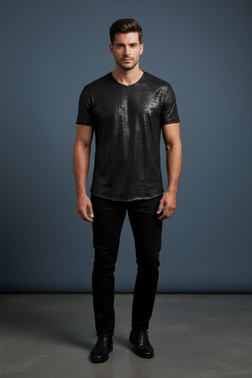 Vercini Black Metallic Foil Crew Neck Tee — Noir Edition