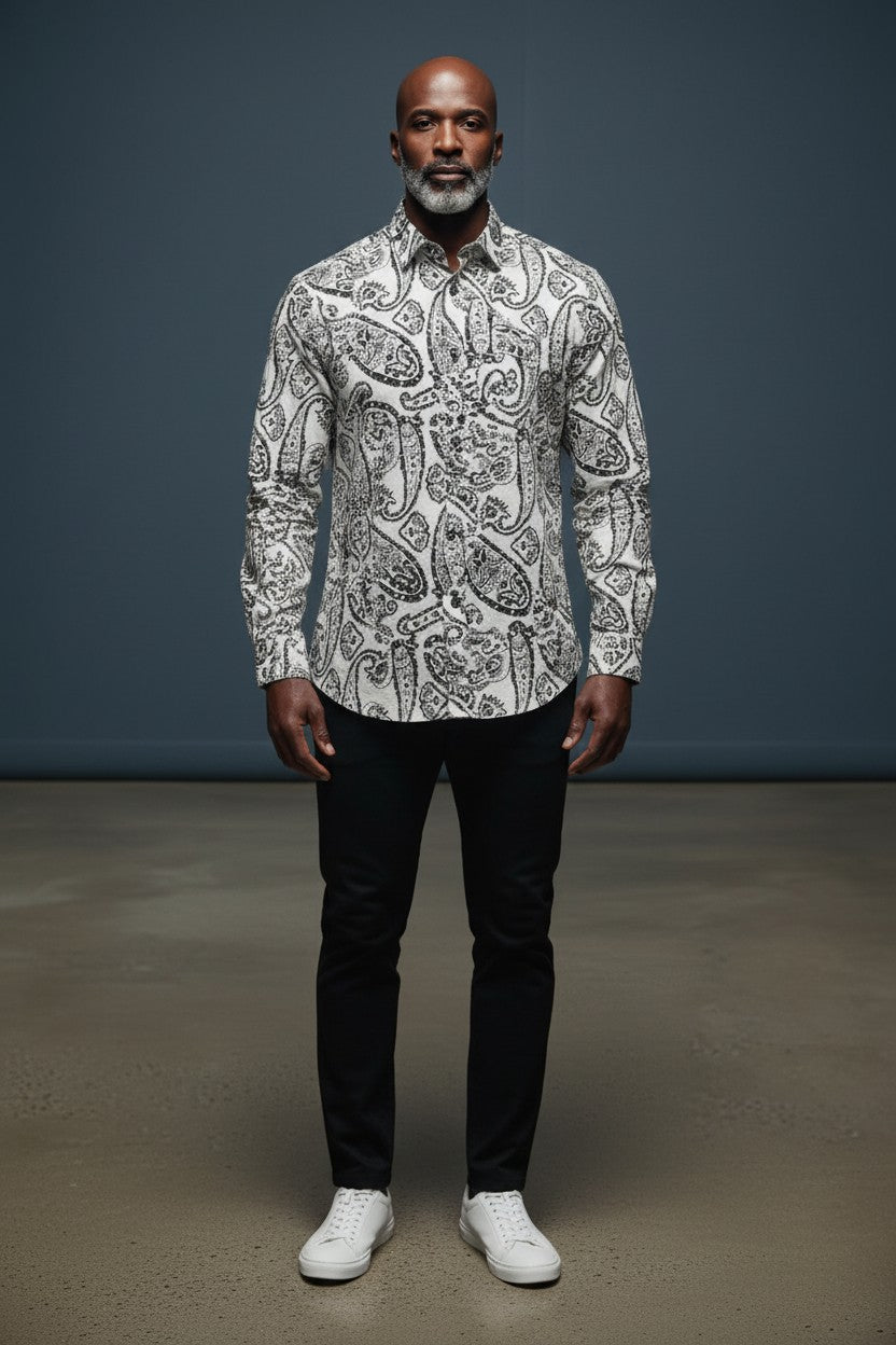 Riviera Paisley Shirt – White & Royal Blue