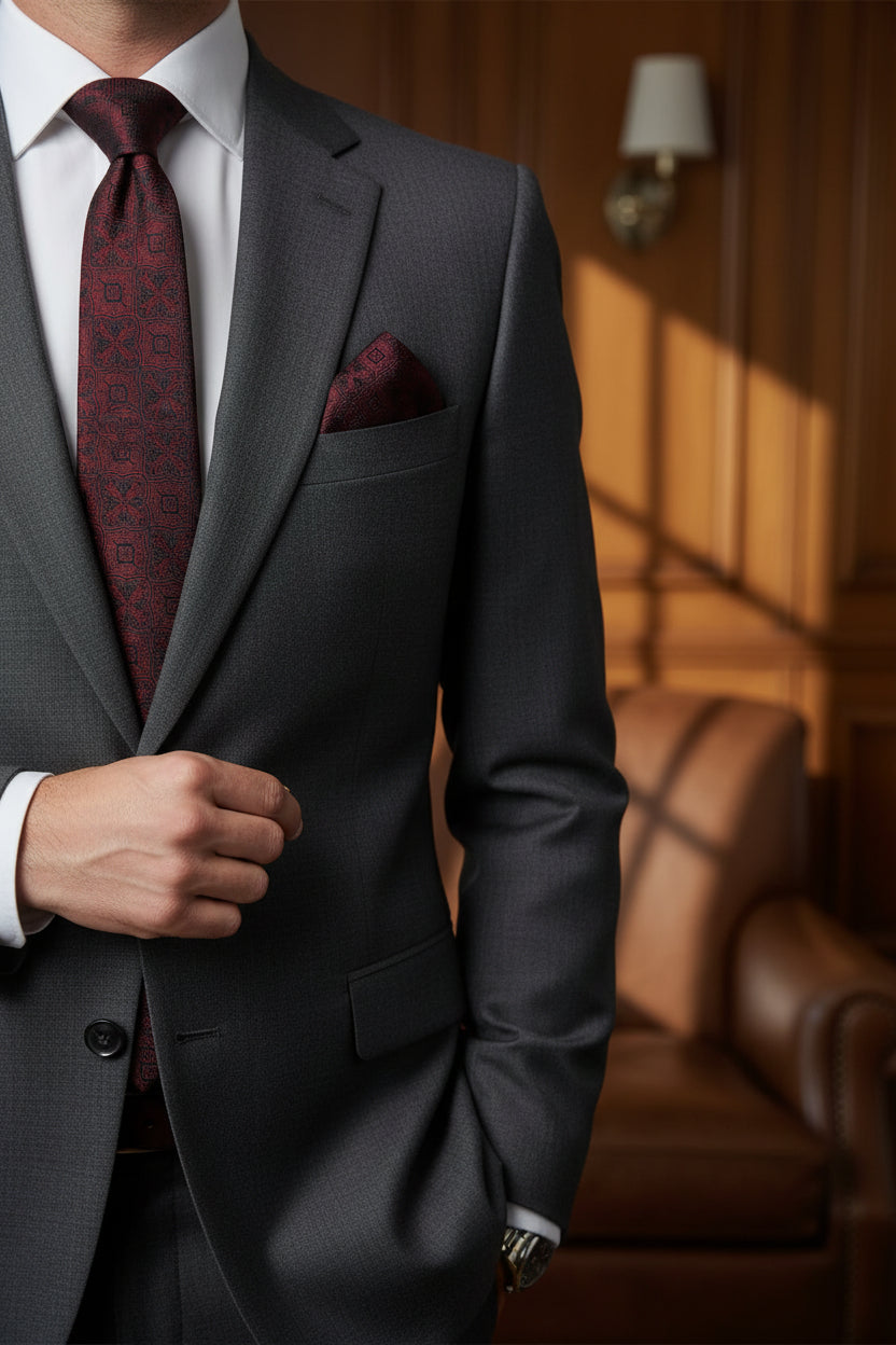 Rust Geometric Pattern Tie with Pocket Square Set