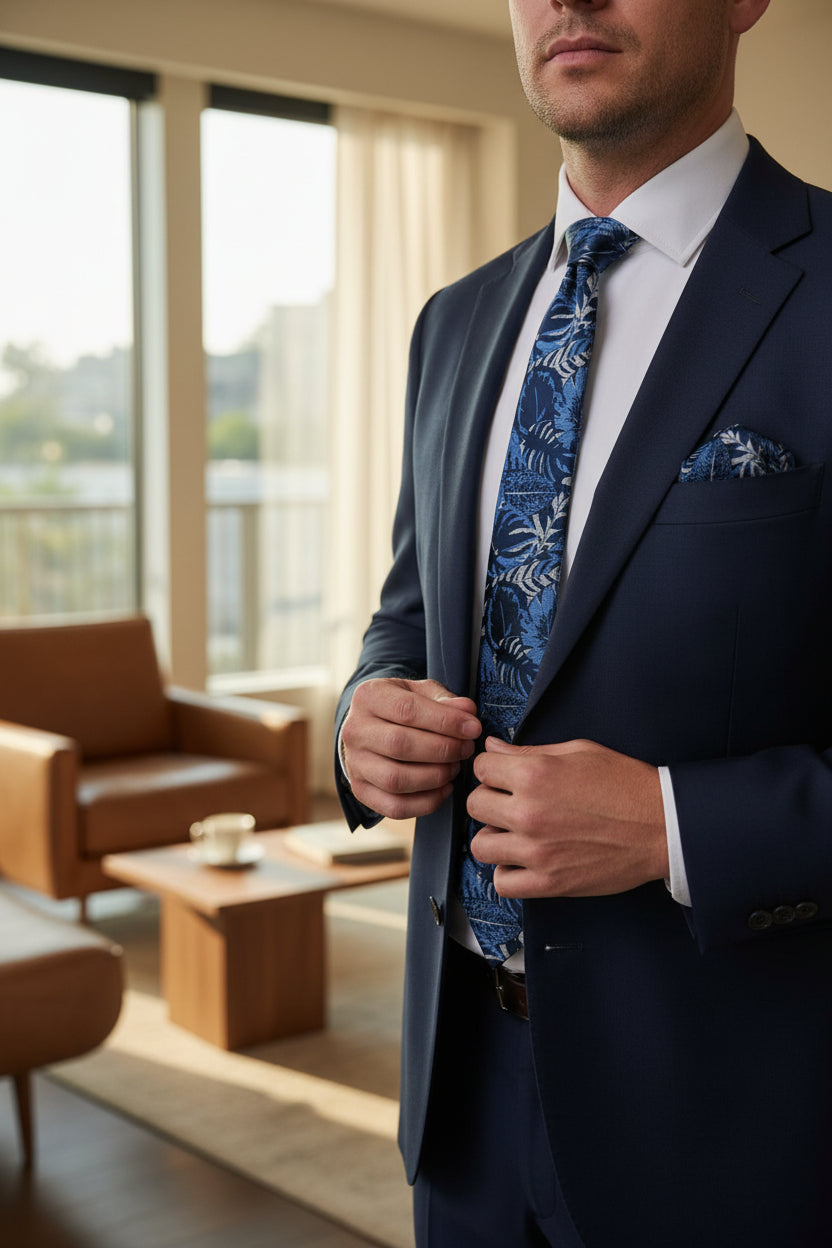 Slate Blue Floral Tie with Matching Pocket Square - Vercini