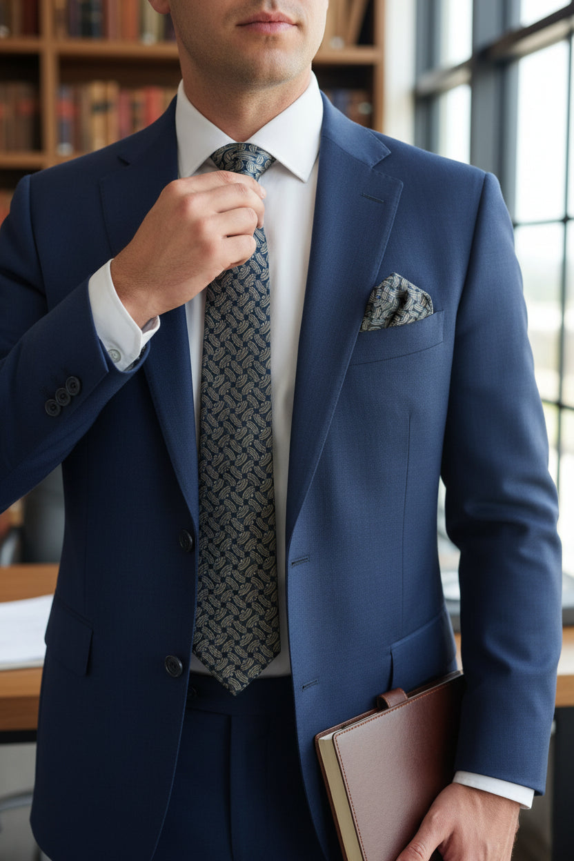 Premium Woven Basketweave Tie - Navy Silver