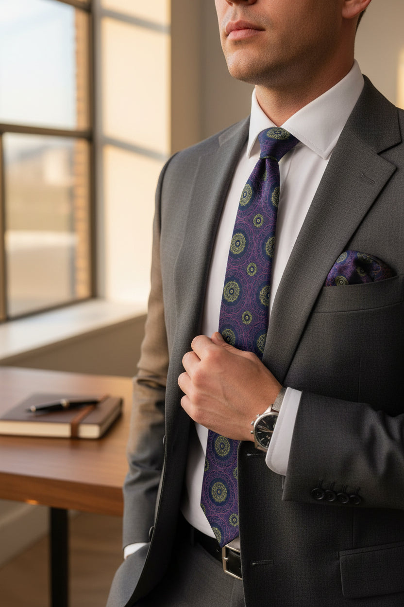 Navy Copper Medallion Tie with Pocket Square Set