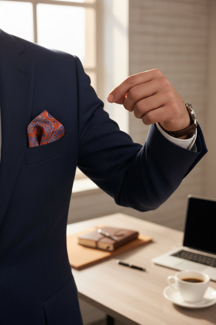 Copper Blue Paisley Tie with Pocket Square - Luxury Formal Set
