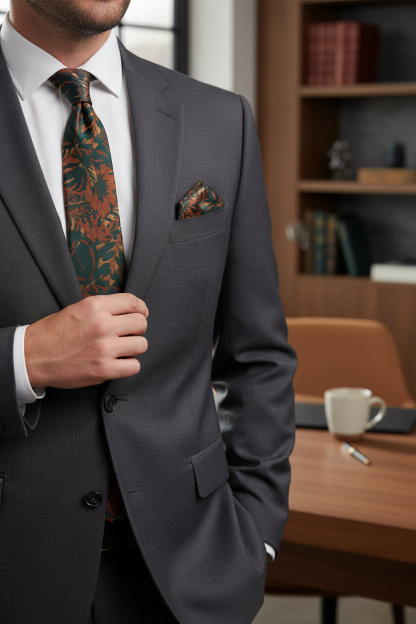 Slate Blue Floral Tie with Matching Pocket Square - Vercini