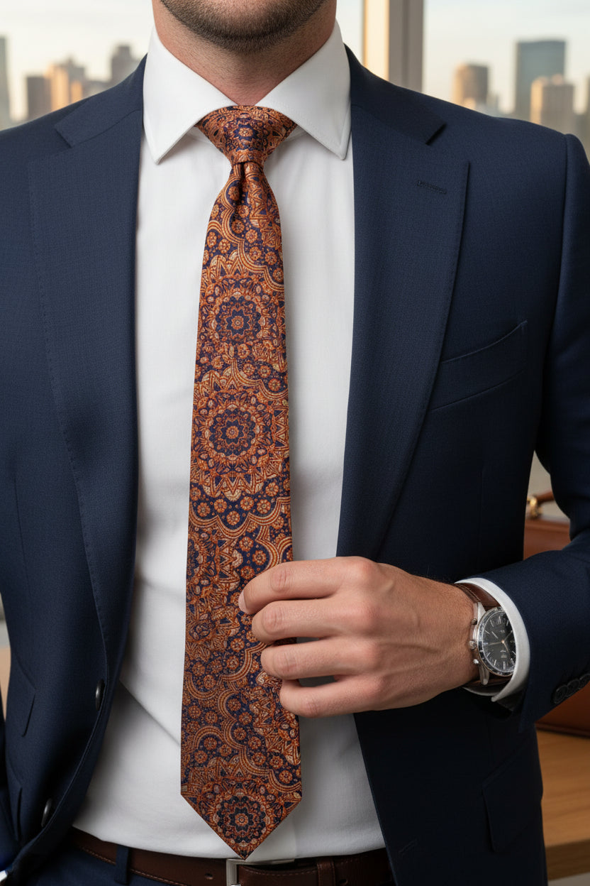 Navy Gold Ornate Medallion Tie - Luxury Formal Necktie