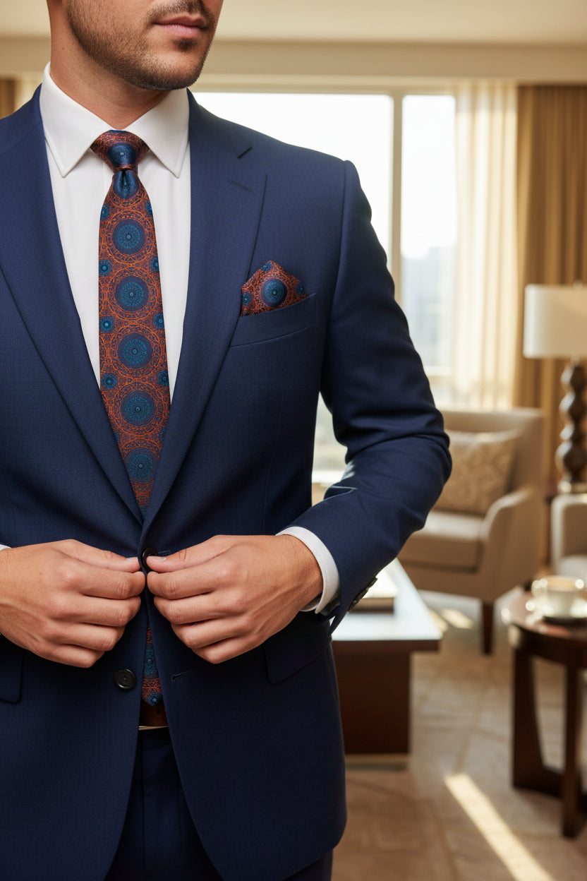 Navy Copper Medallion Tie with Pocket Square Set