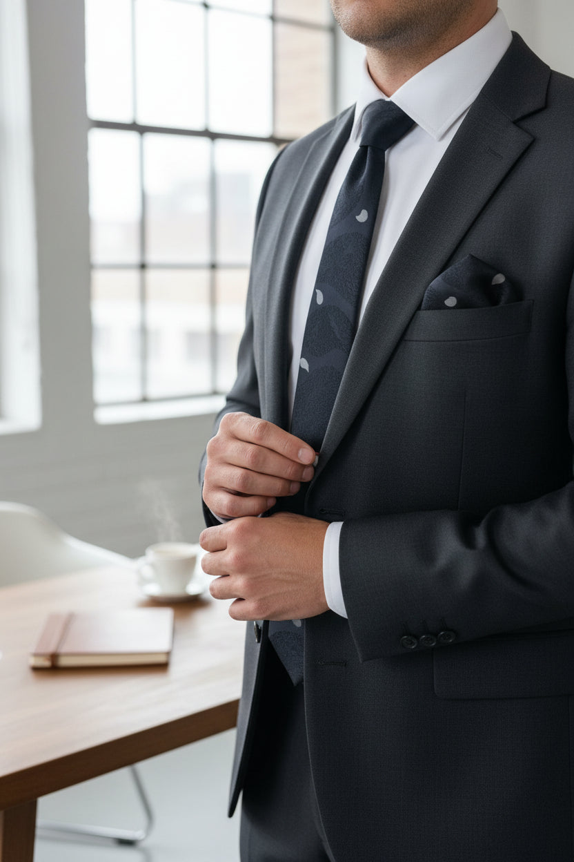 Black Silk Tie with Silver Teardrops