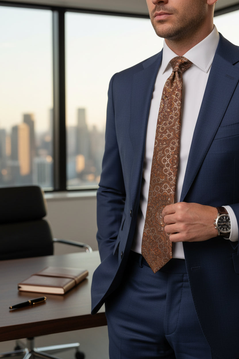 Navy Gold Ornate Medallion Tie - Luxury Formal Necktie