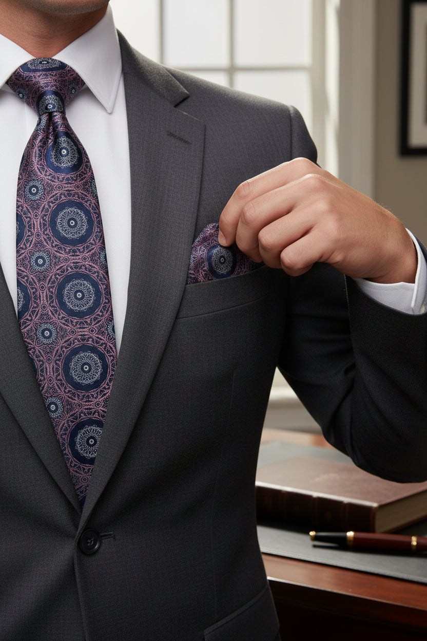 Navy Copper Medallion Tie with Pocket Square Set