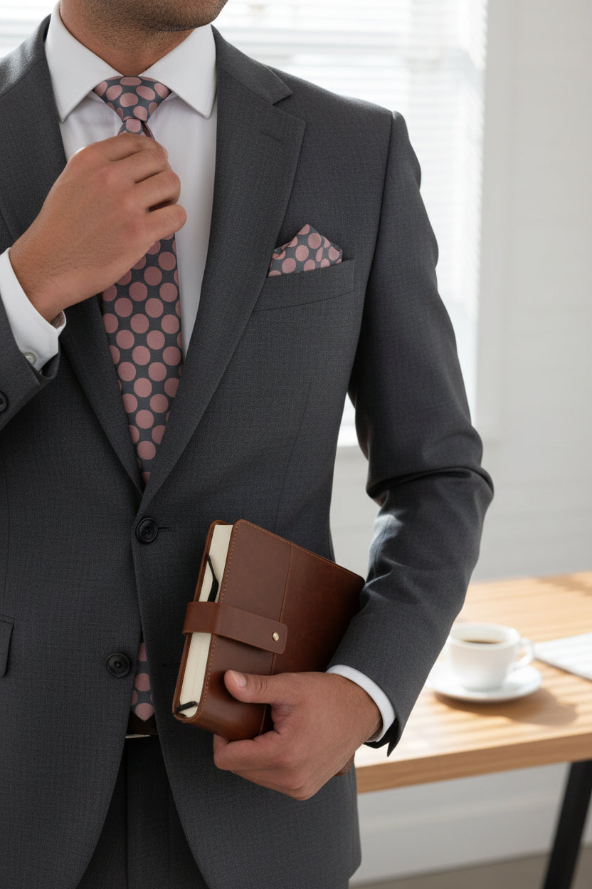 Charcoal & Pink Polka Dot Tie Set with Pocket Square