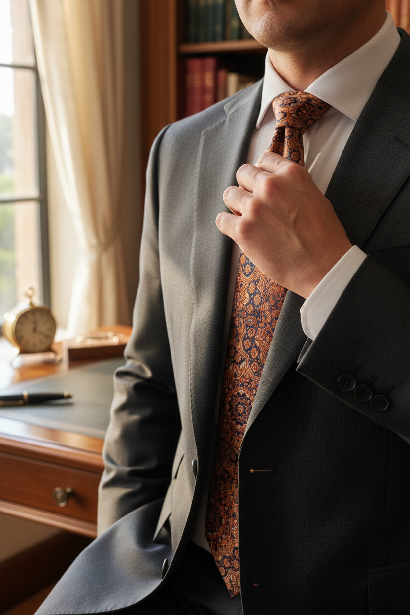 Navy Gold Ornate Medallion Tie - Luxury Formal Necktie