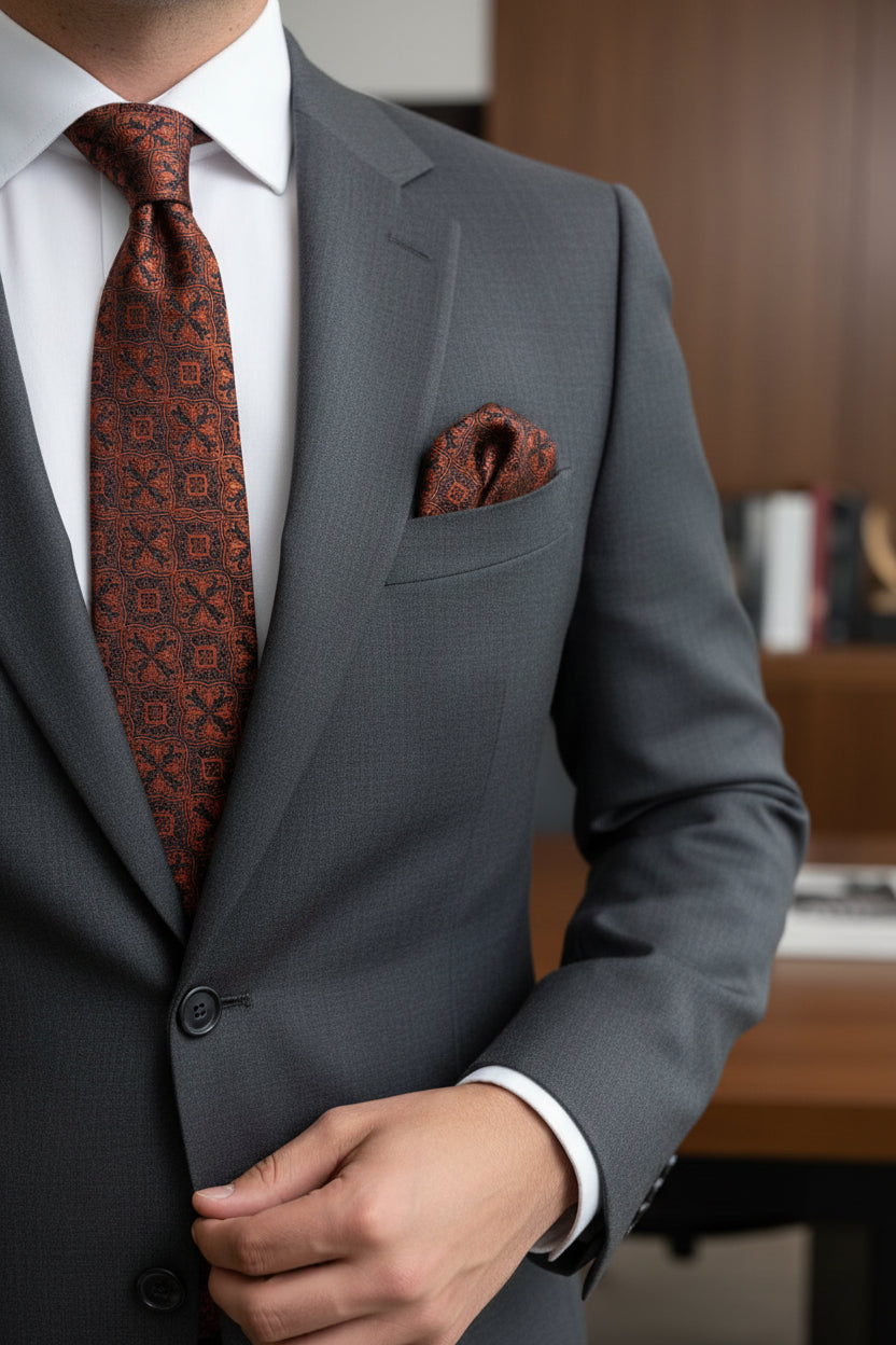 Rust Geometric Pattern Tie with Pocket Square Set