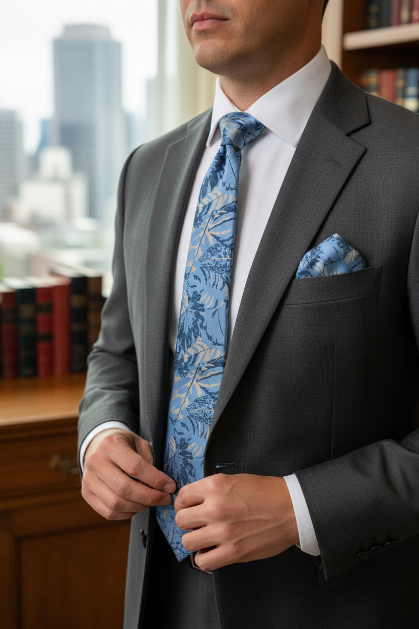 Slate Blue Floral Tie with Matching Pocket Square - Vercini