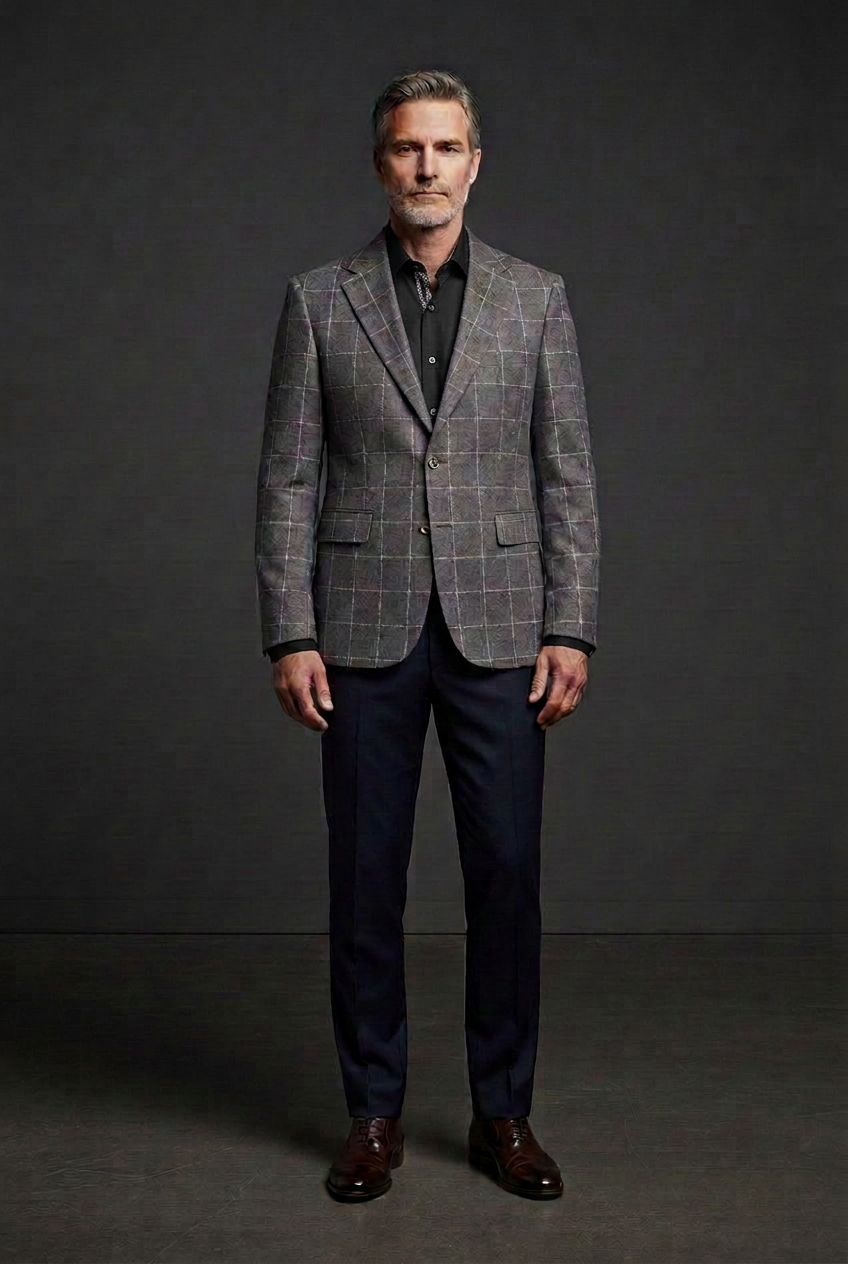 Light gray windowpane jacket paired with your black shirt