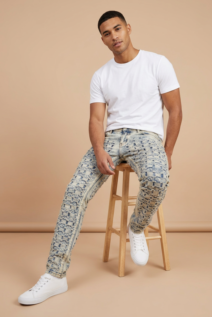 Male model seated pose in the patchwork jeans on a nude background