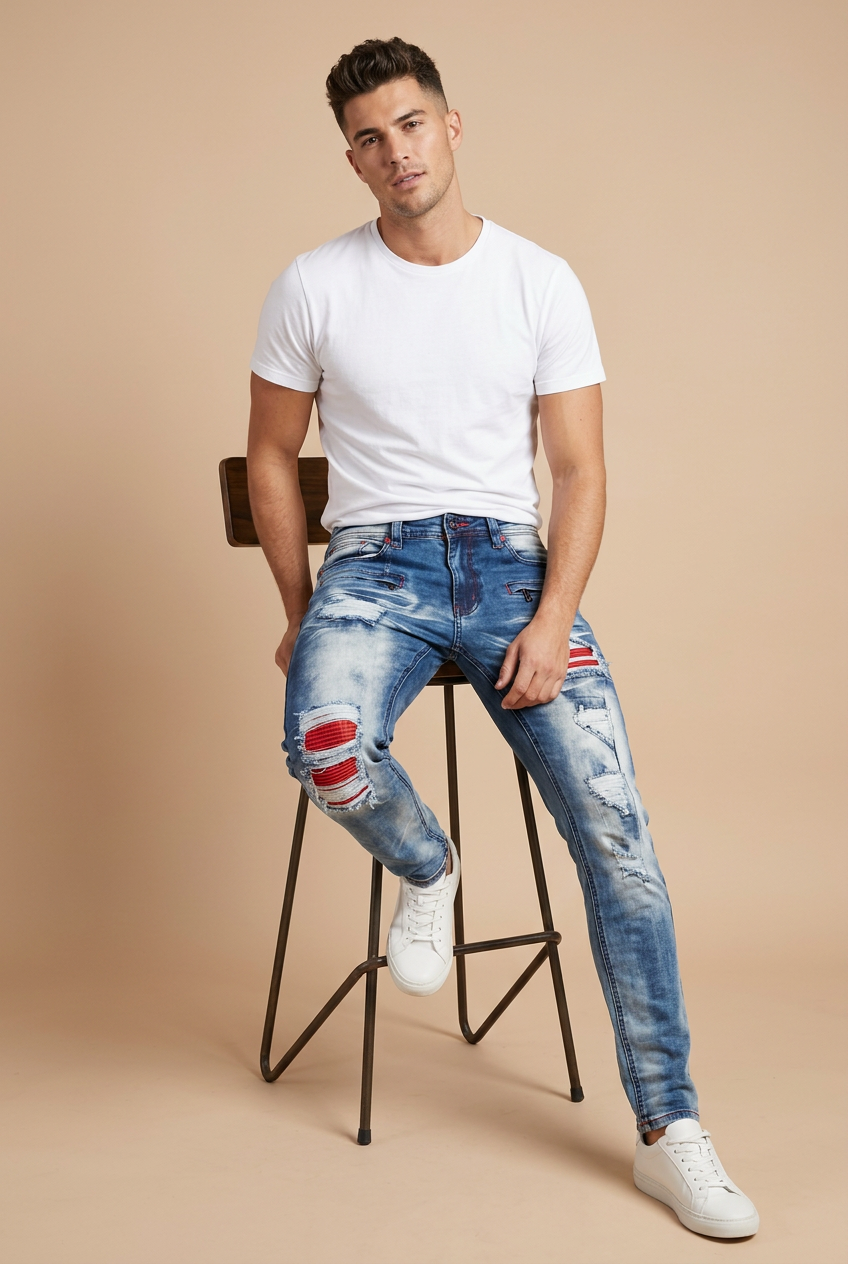 Male model seated pose in the red-plaid distressed jeans on a nude background
