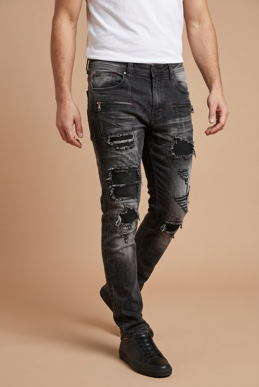 Male model walking in distressed jeans