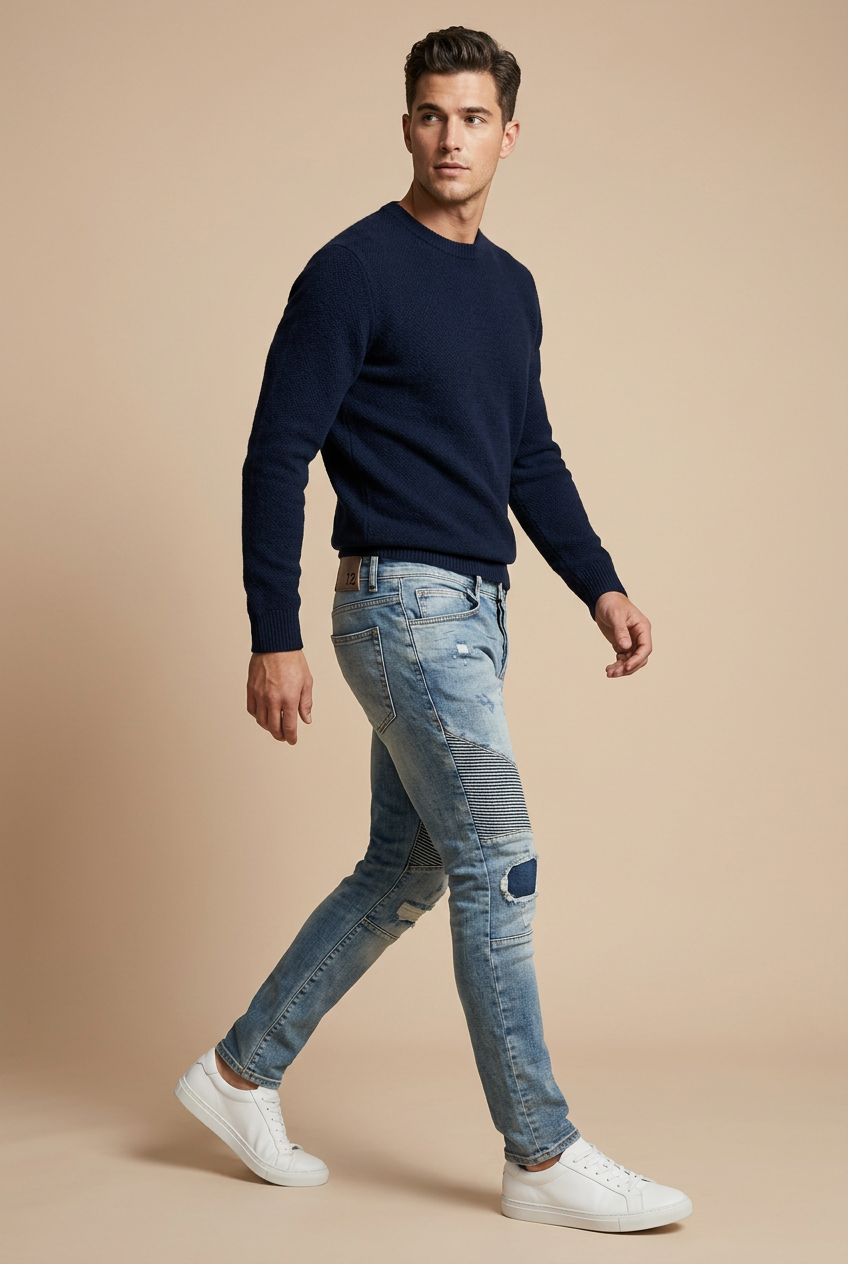 Male model walking pose in the moto jeans on a nude background