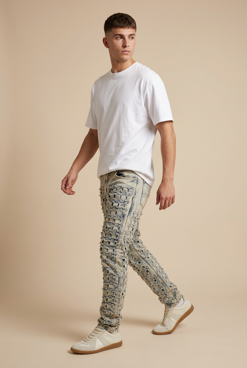 Male model walking pose in the patchwork jeans on a nude background