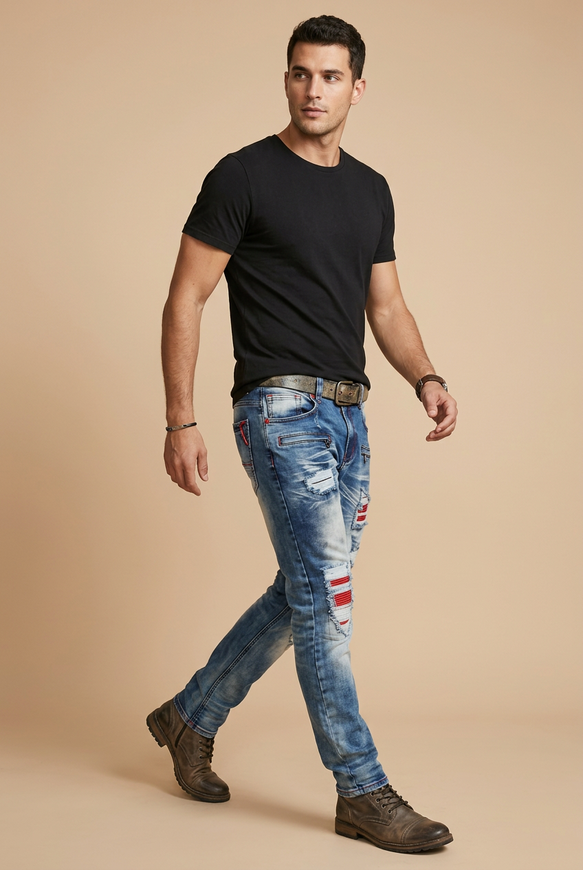 Male model walking pose in the red-plaid distressed jeans on a nude background