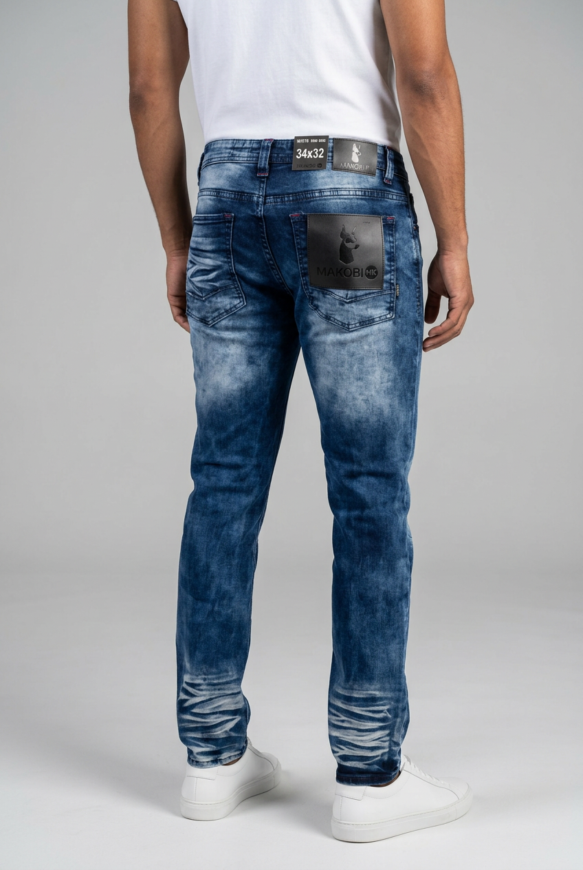 Male model wearing the blue washed jeans