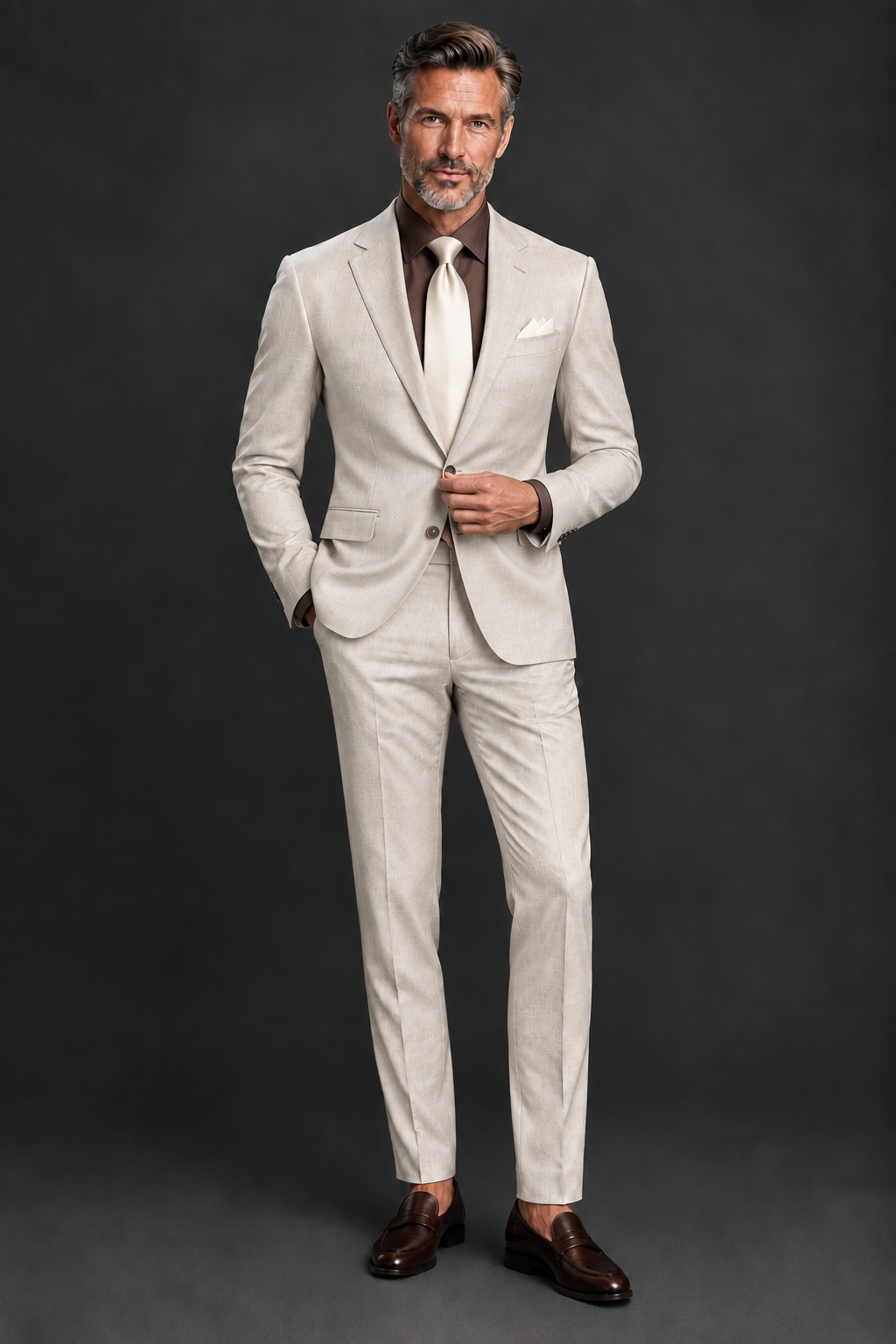 Model facing camera, brown shirt and cream tie