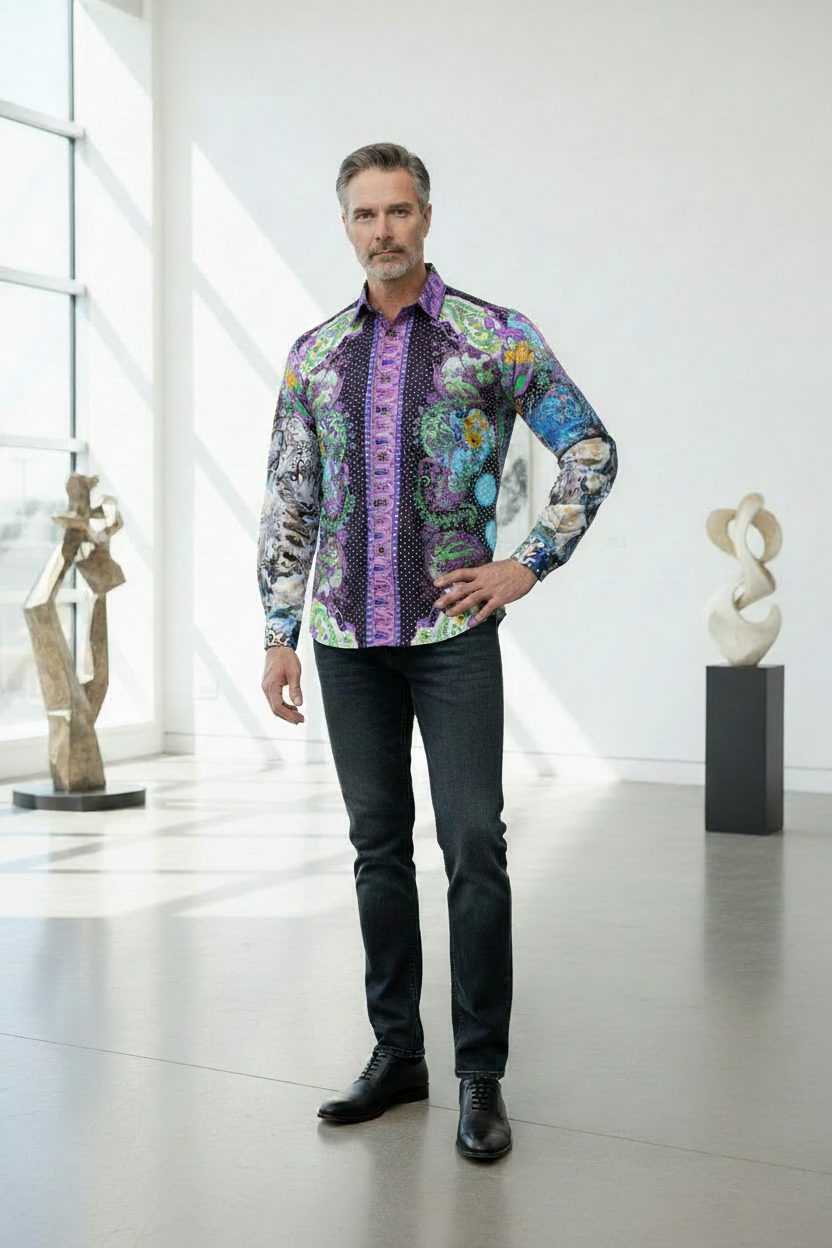 Baroque Parrot Paradise Shirt - Purple & Turquoise Multi-Color Print