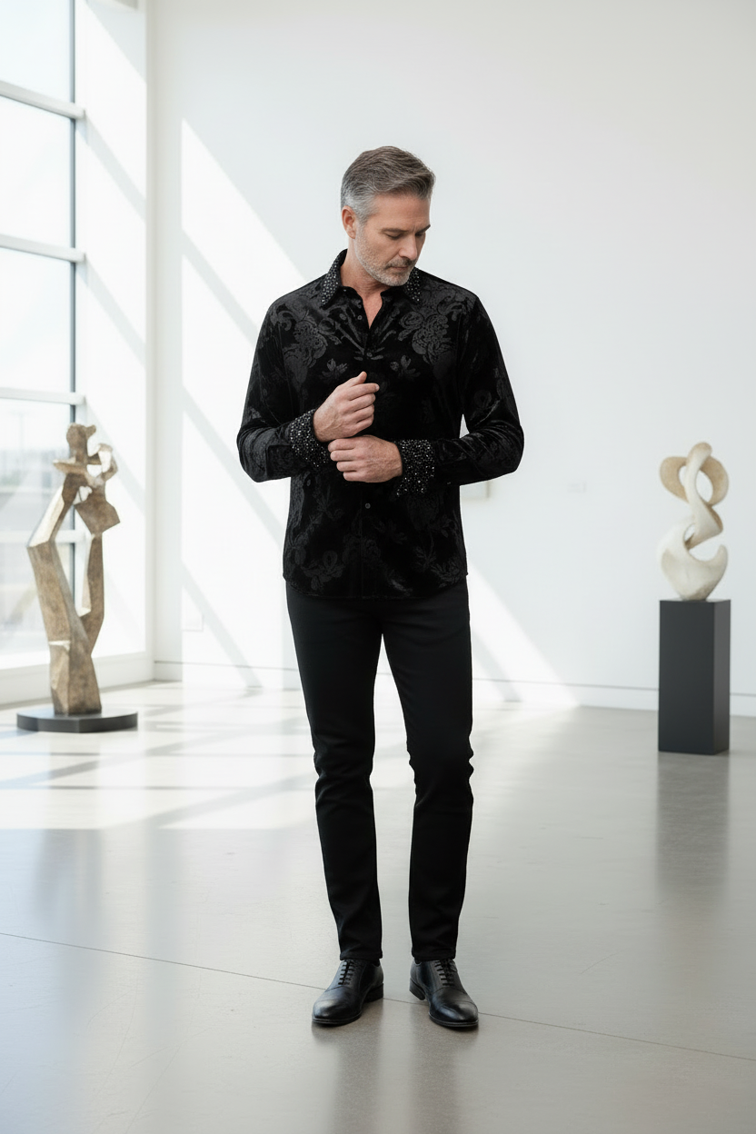 Velvet Baroque Embellished Shirt - Luxury Evening Wear