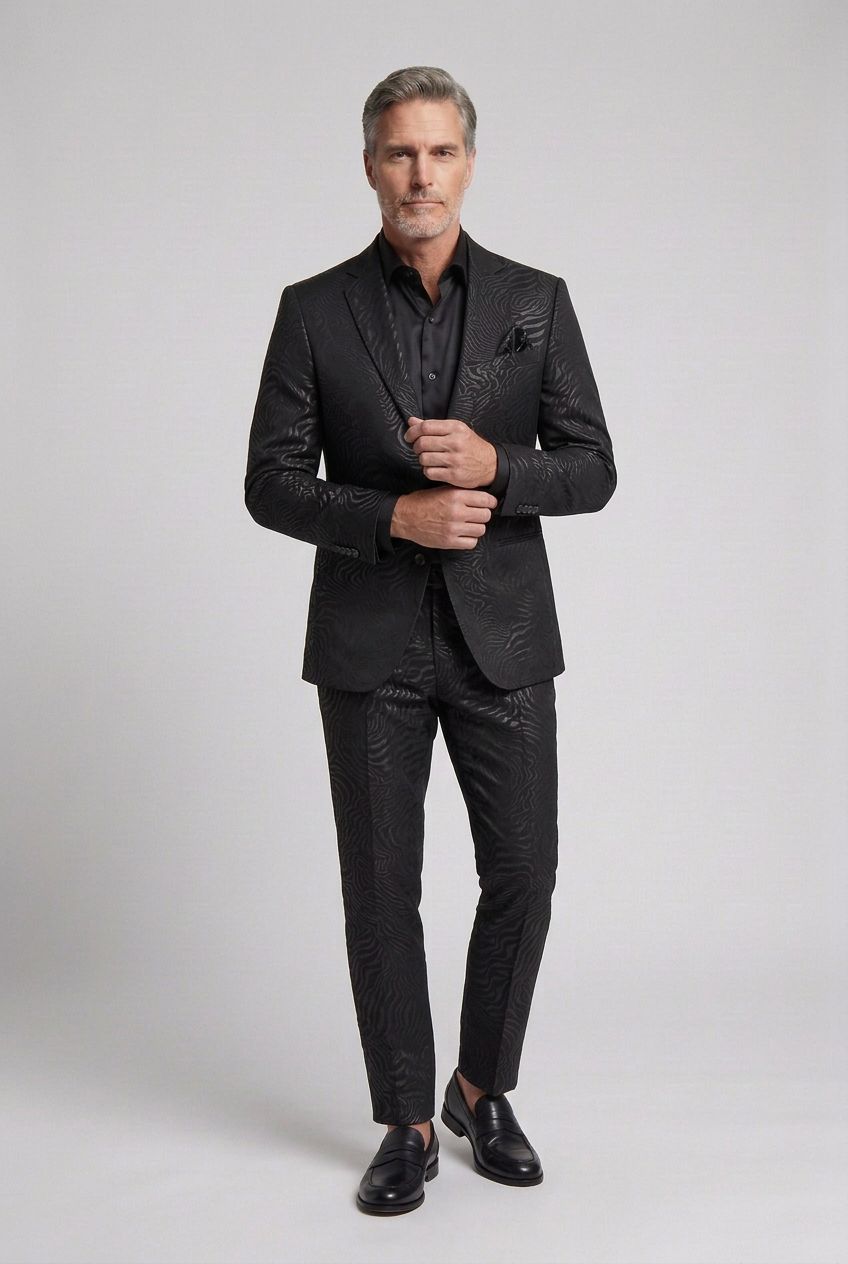Men’s Black Tonal Wave-Pattern Pants
